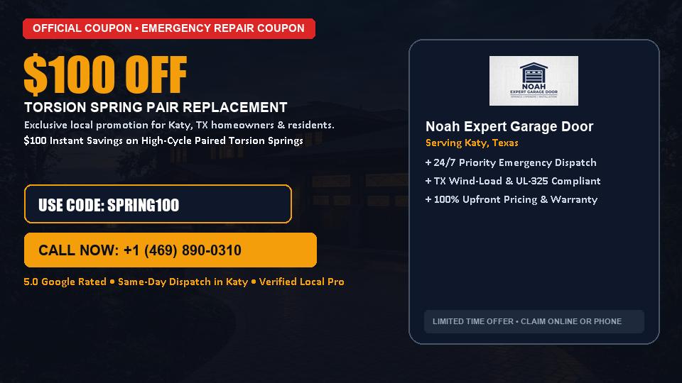 $100 OFF Dual High-Cycle Torsion Spring Replacement in Katy, TX - Noah Expert Garage Door